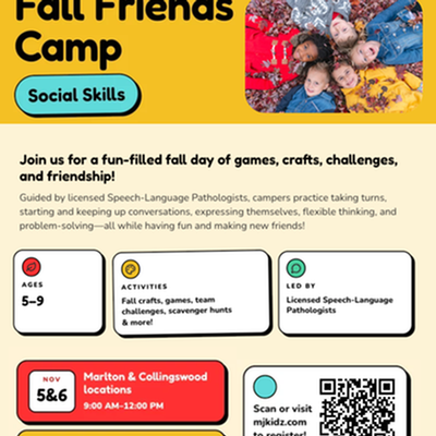 Fall Break Friends Camp! Nov. 5 & 6 at Marlton and Collingswood